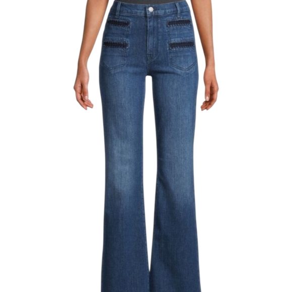 7 For All Mankind Georgia Pleated Pocket Flare Frayed Hem Jeans 27 Dark Winona 4 - Picture 12 of 14